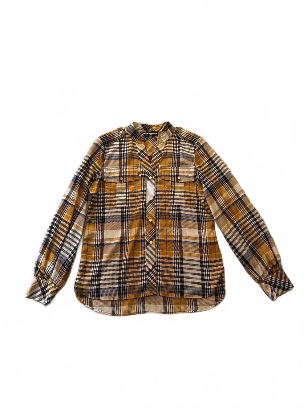 Karl Lagerfeld Yellow, Black and White Long Sleeve Plaid Button Up Shirt XS